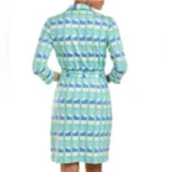J McLaughlin Brynn Shirt Dress Lyford Jersey Preppy Geometric Print Aqua LARGE - Picture 2 of 16